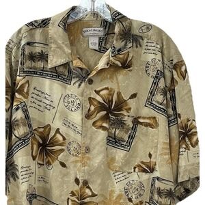 Boca Classics Island Wear Mens Hawaiian Shirt L Tan 100% Silk Tropical Postcards